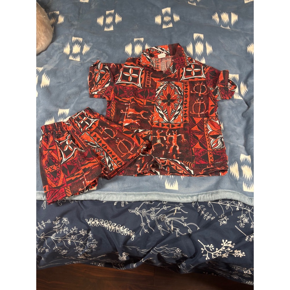 Vintage Kids Hawaiian Set Red Tribal Tapa Print Shirt Shorts Made in Hawaii 5